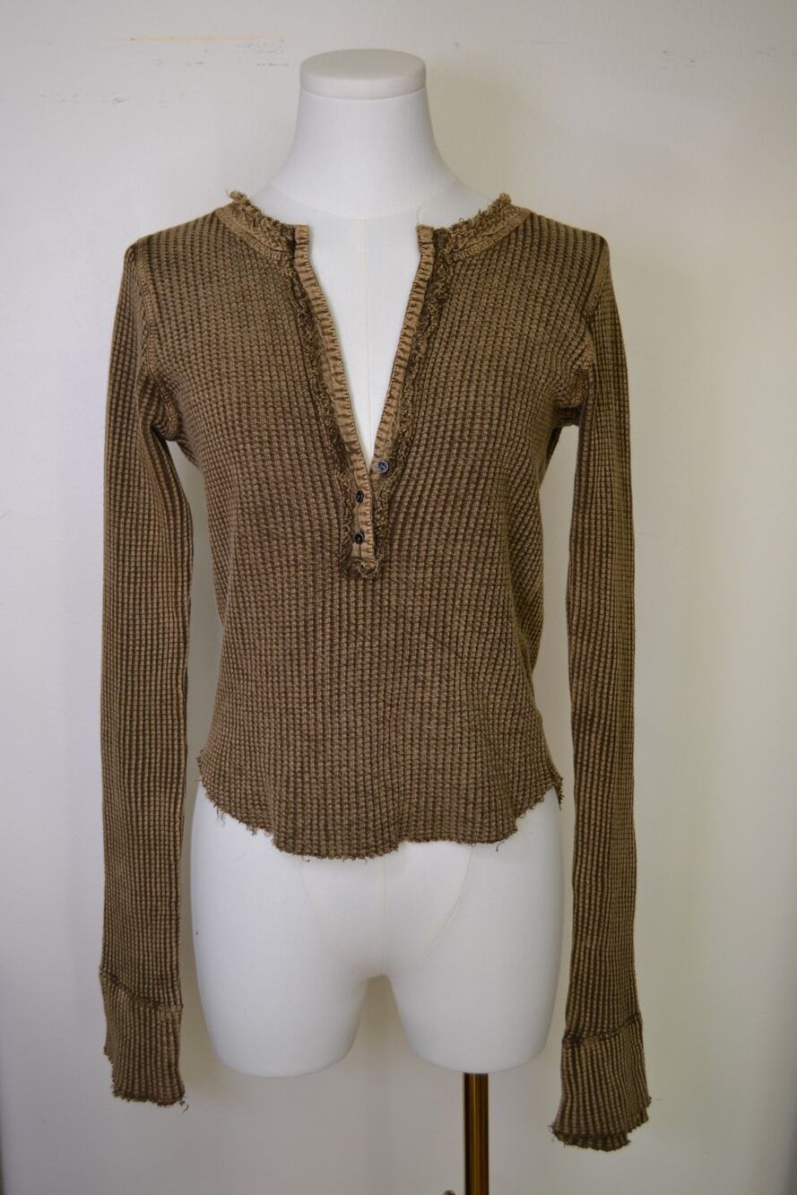 Free People One Waffle Knit Khaki Long Sleeve Henley Button Up Top Size S